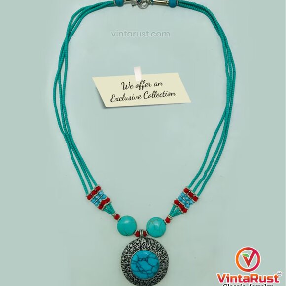 Beaded Multilayers Chain Necklace With Pendant, Ethnic Statement Necklaces - Picture 3 of 12